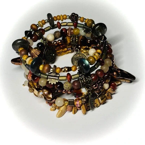 🆕 OOAK Bohemian Bead Mix Memory Wire Wrap Bracelet — Semi Precious Gemstone